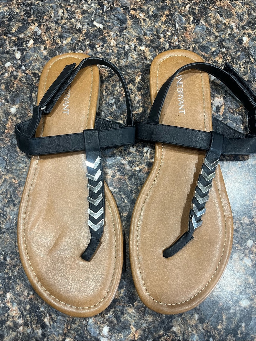 Lane Bryant Black T-Strap Sandals with Tan Footbed and Silver Accents